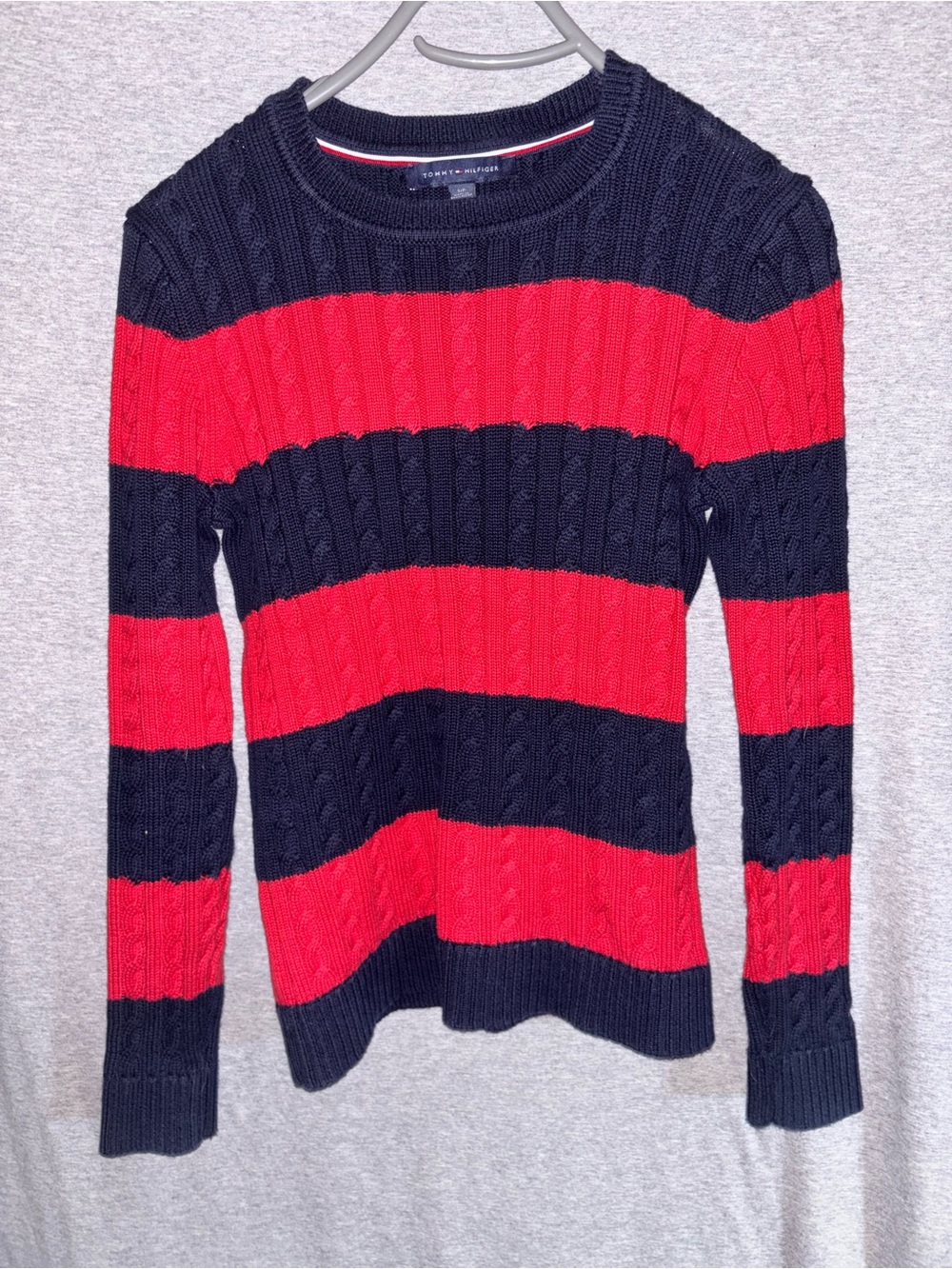 Tommy Hilfiger Red and Navy Cable‑Knit Crew Sweater